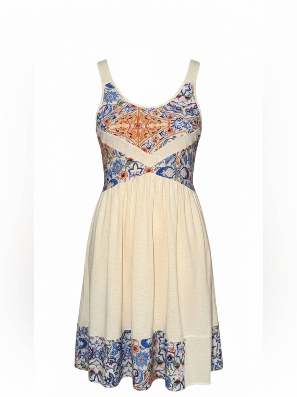 POL Floral Patchwork Tank Dress in Cream, Blue & Orange